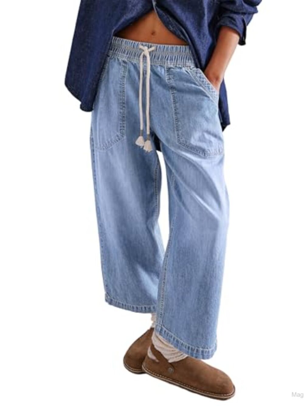Wide Leg Cropped Boyfriend Jeans - Relaxed Fit Denim Capri Ankle Pants with